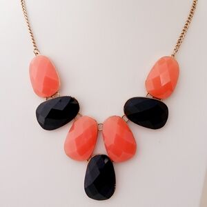 Statement Necklace Coral Color Black Goldtone Runway